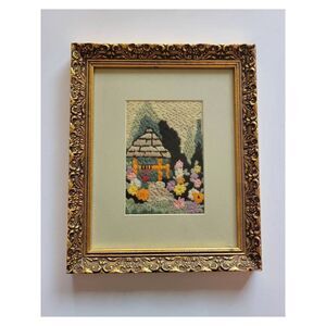 Vintage 1960's Framed  Handmade Cottage and Garden Crewel Embroidery